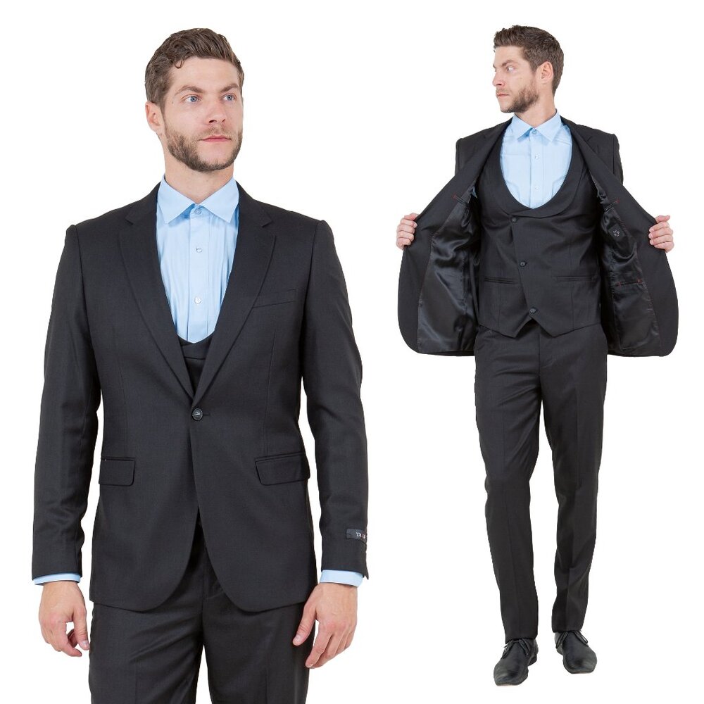 Skinny Fit Mens 3pc Suit w/ Double Breasted Vest, Black Sharkskin